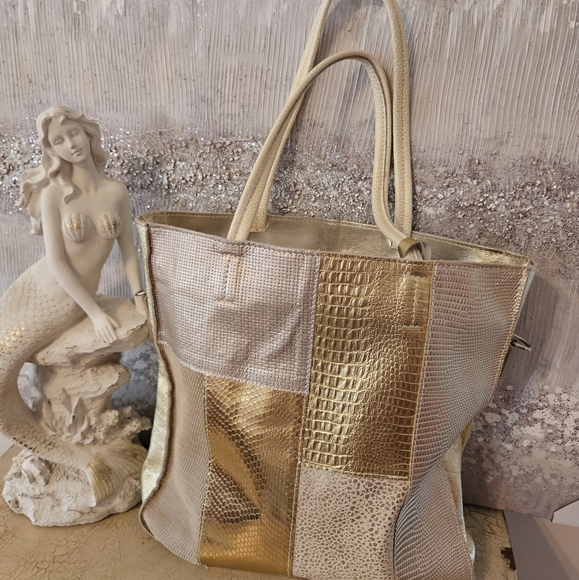 PERSAMON MADE IN ITALY MIXED MEDIA GOLD LEATHER TOTE - Picture 3 of 8